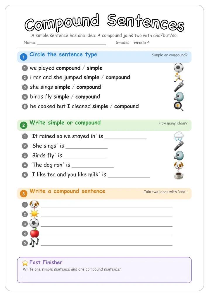 Compound Sentences grammar worksheet for Grade 4