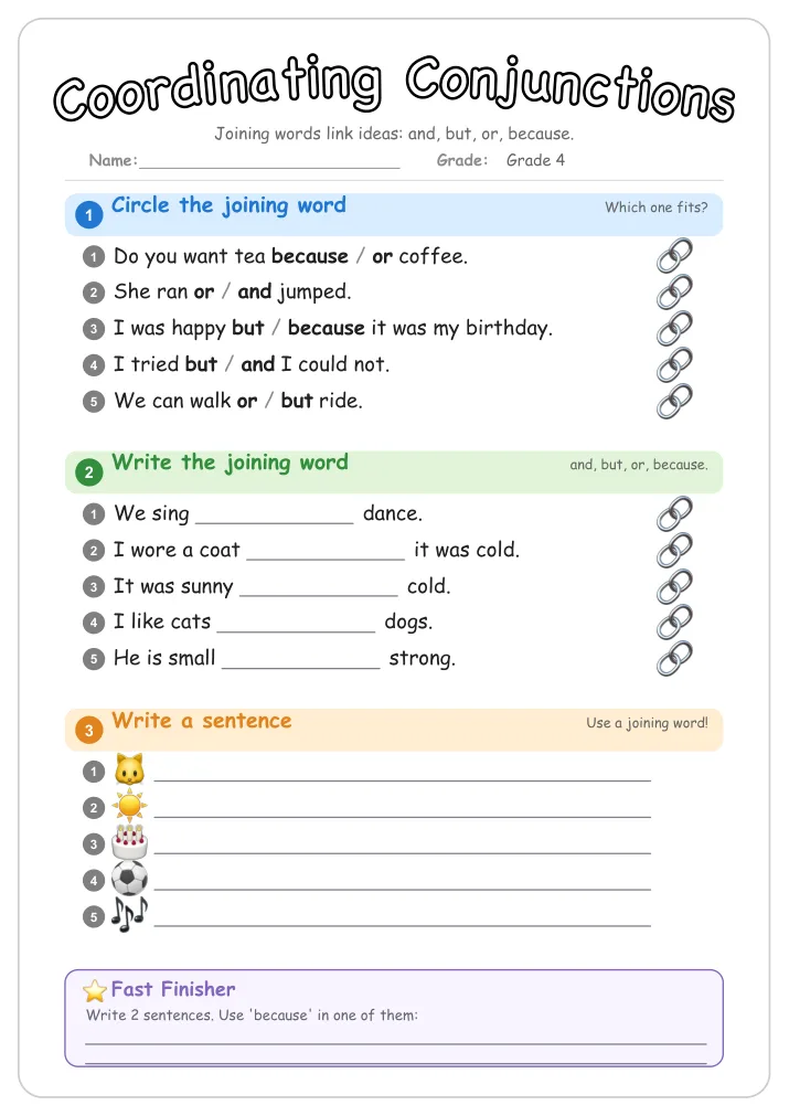 Coordinating Conjunctions grammar worksheet for Grade 4