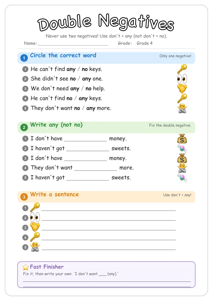 Double Negatives grammar worksheet for Grade 4
