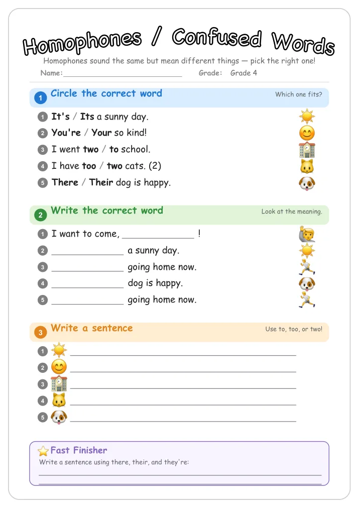 Homophones / Confused Words grammar worksheet for Grade 4