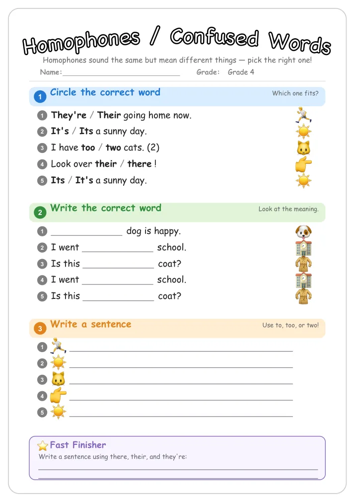 Homophones / Confused Words grammar worksheet for Grade 4