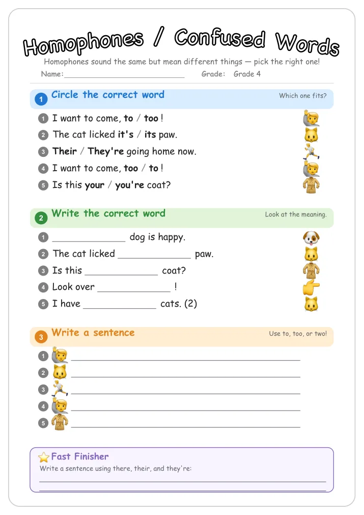 Homophones / Confused Words grammar worksheet for Grade 4