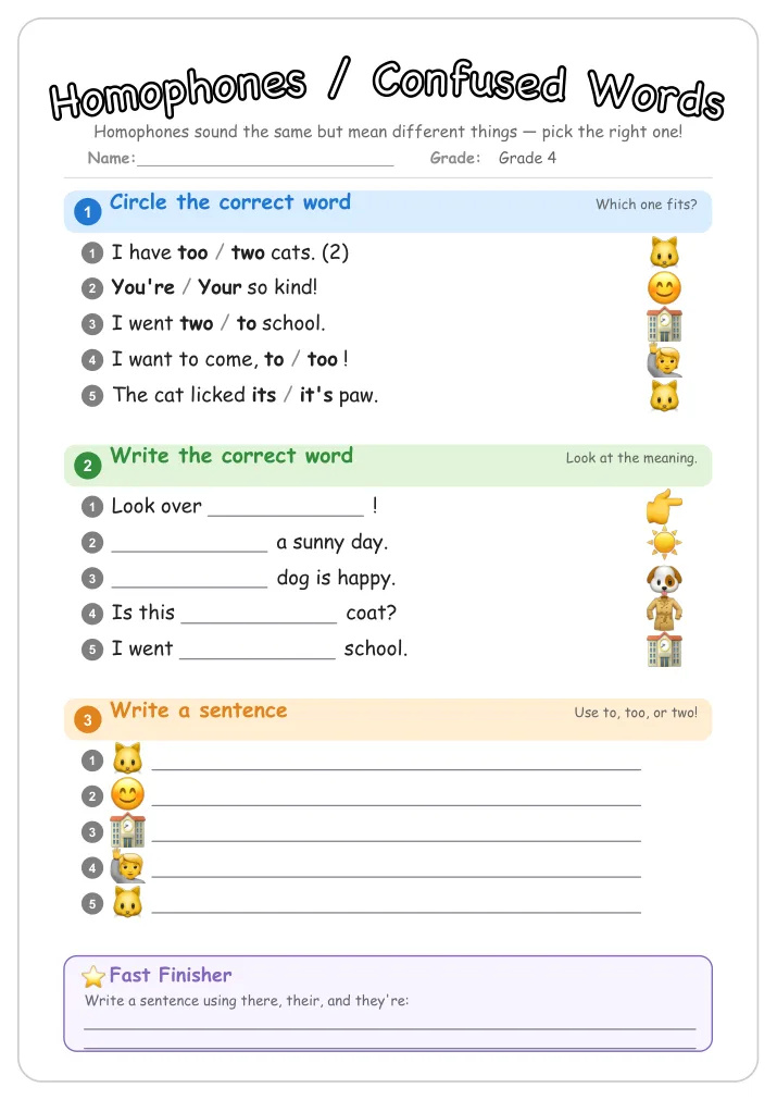 Homophones / Confused Words grammar worksheet for Grade 4