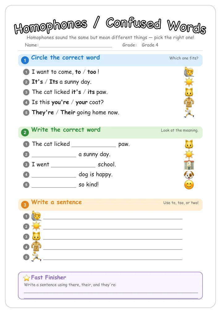 Homophones / Confused Words grammar worksheet for Grade 4