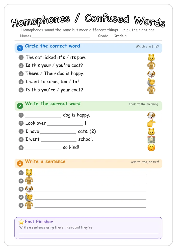 Homophones / Confused Words grammar worksheet for Grade 4