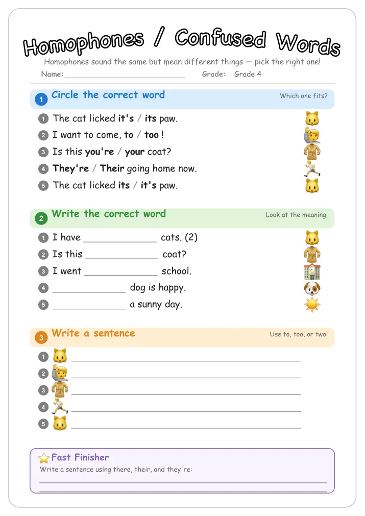 Homophones / Confused Words grammar worksheet for Grade 4