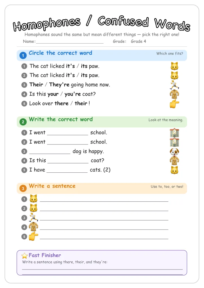 Homophones / Confused Words grammar worksheet for Grade 4