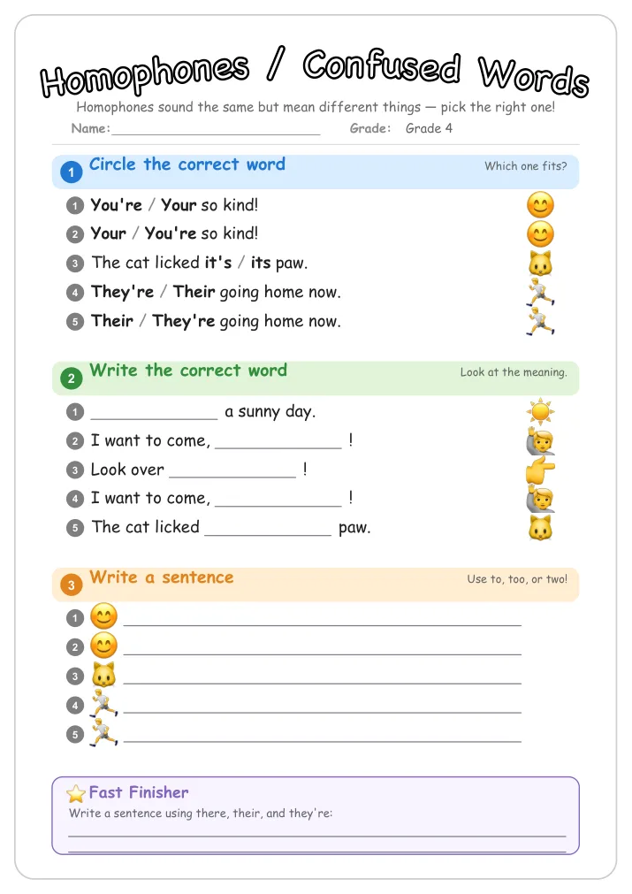 Homophones / Confused Words grammar worksheet for Grade 4