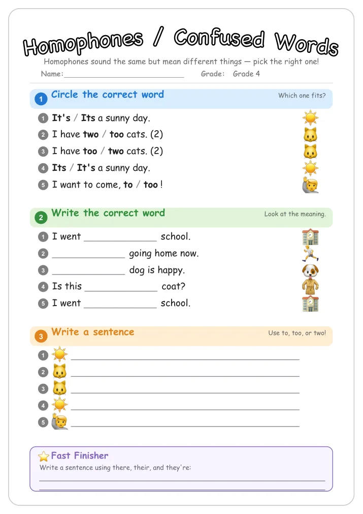 Homophones / Confused Words grammar worksheet for Grade 4