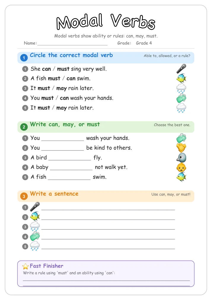 Modal Verbs grammar worksheet for Grade 4