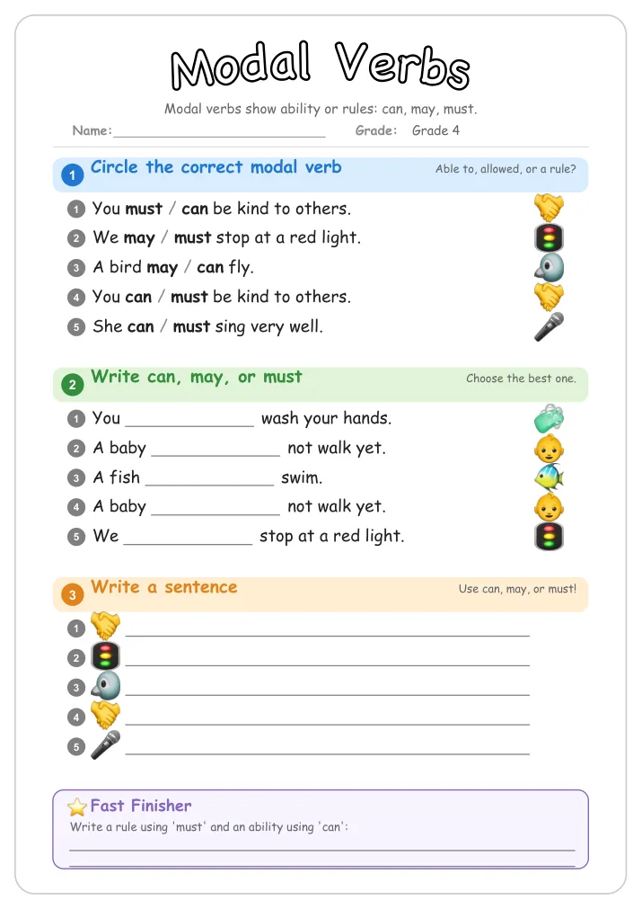 Modal Verbs grammar worksheet for Grade 4