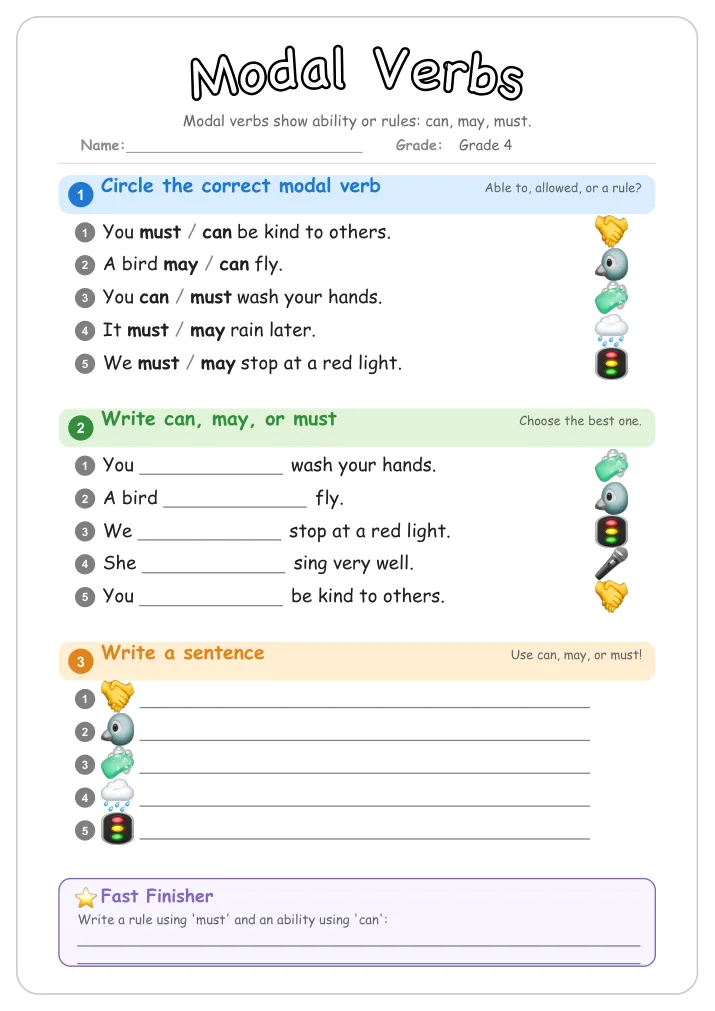 Modal Verbs grammar worksheet for Grade 4