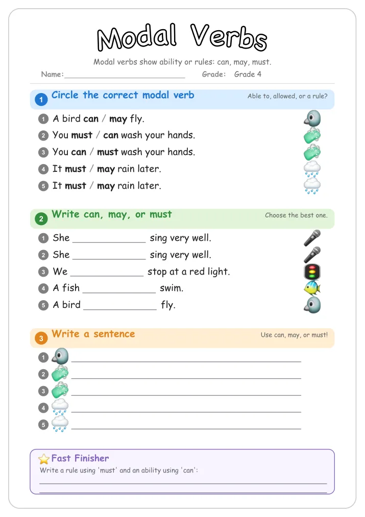 Modal Verbs grammar worksheet for Grade 4