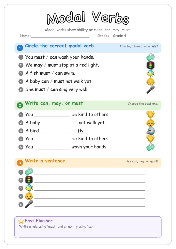 Modal Verbs grammar worksheet for Grade 4