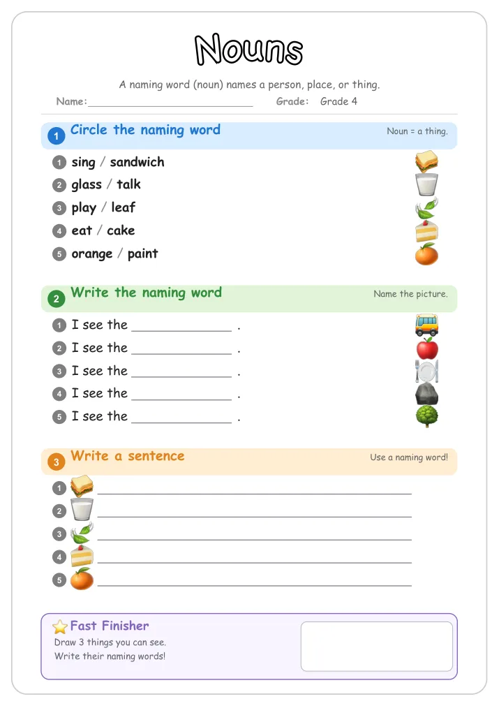 Nouns grammar worksheet for Grade 4