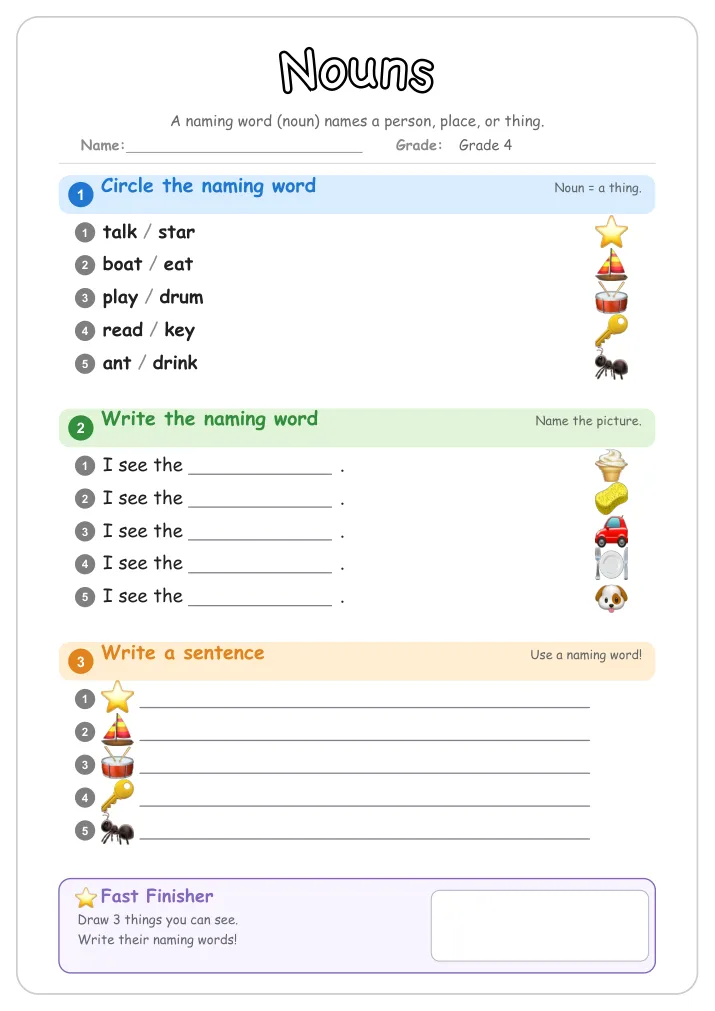 Nouns grammar worksheet for Grade 4