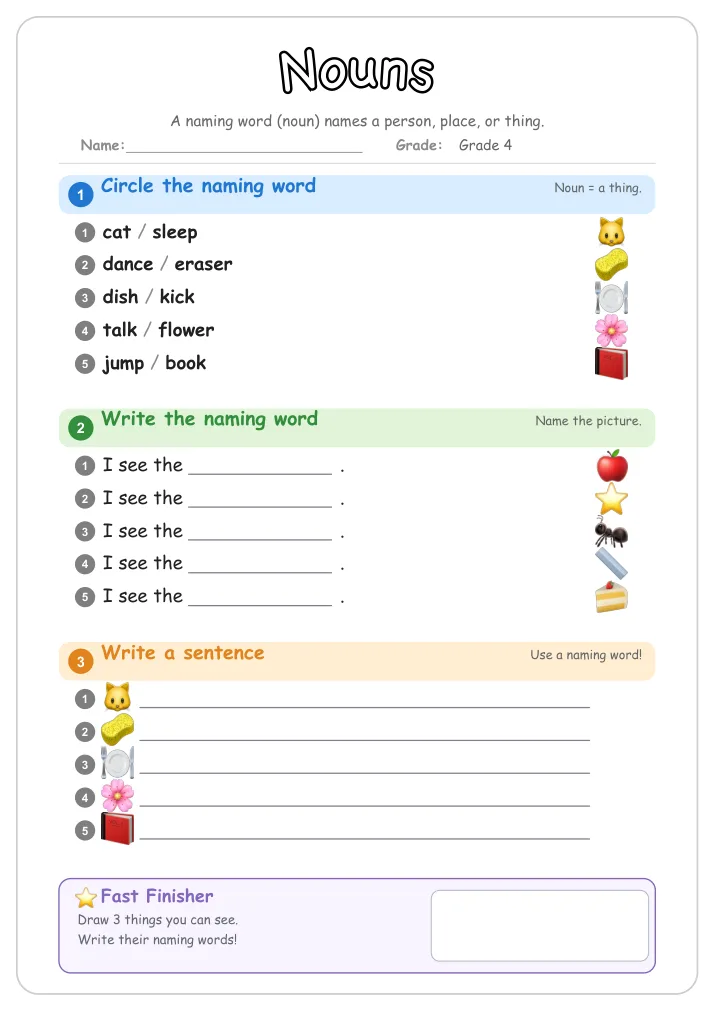 Nouns grammar worksheet for Grade 4