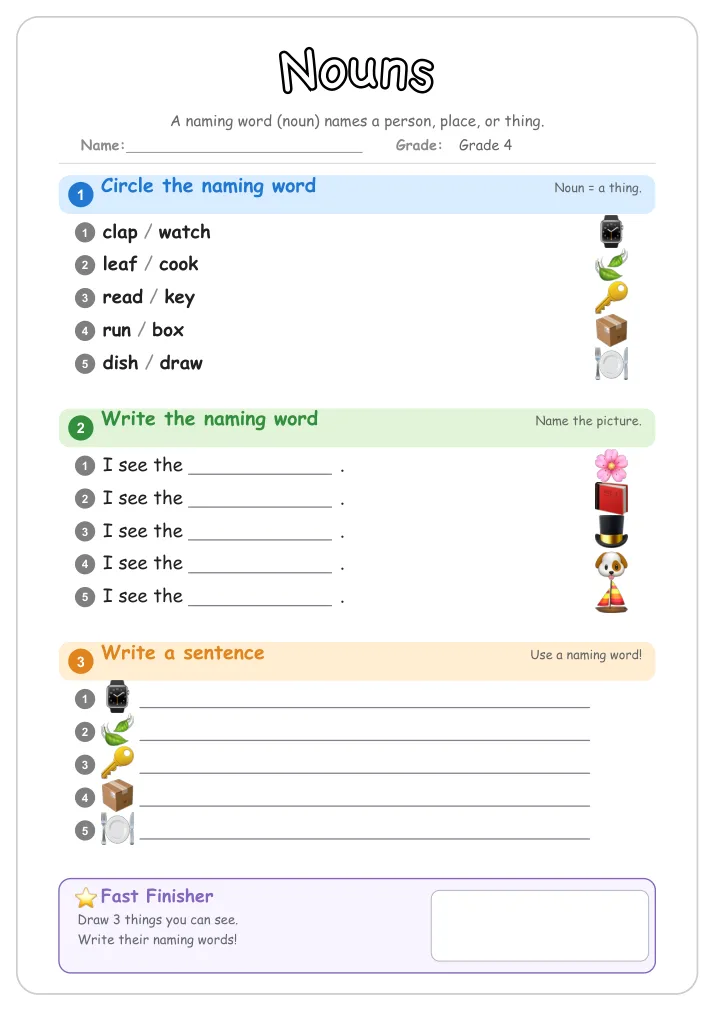 Nouns grammar worksheet for Grade 4