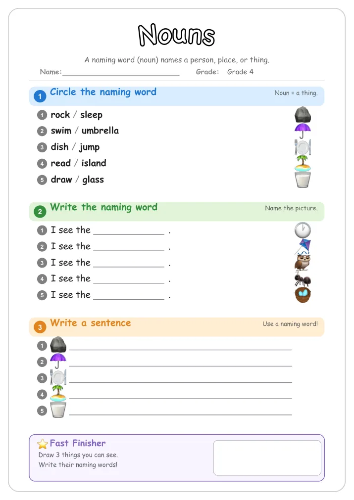 Nouns grammar worksheet for Grade 4