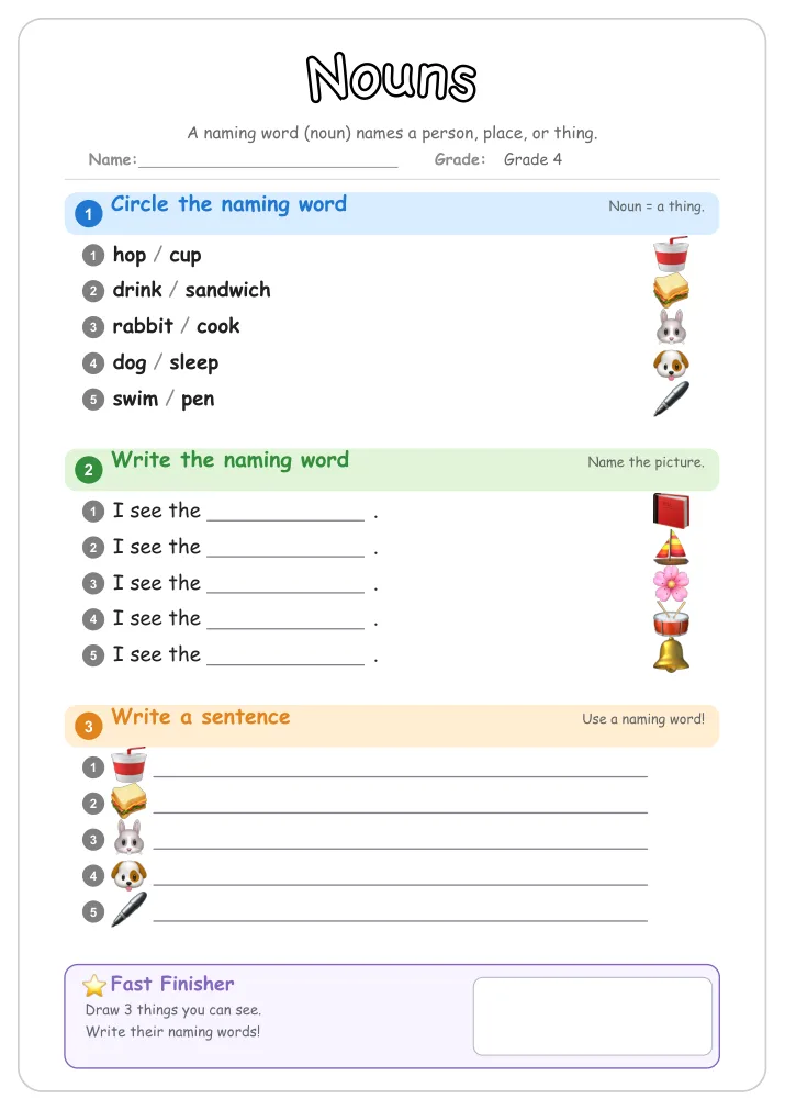 Nouns grammar worksheet for Grade 4