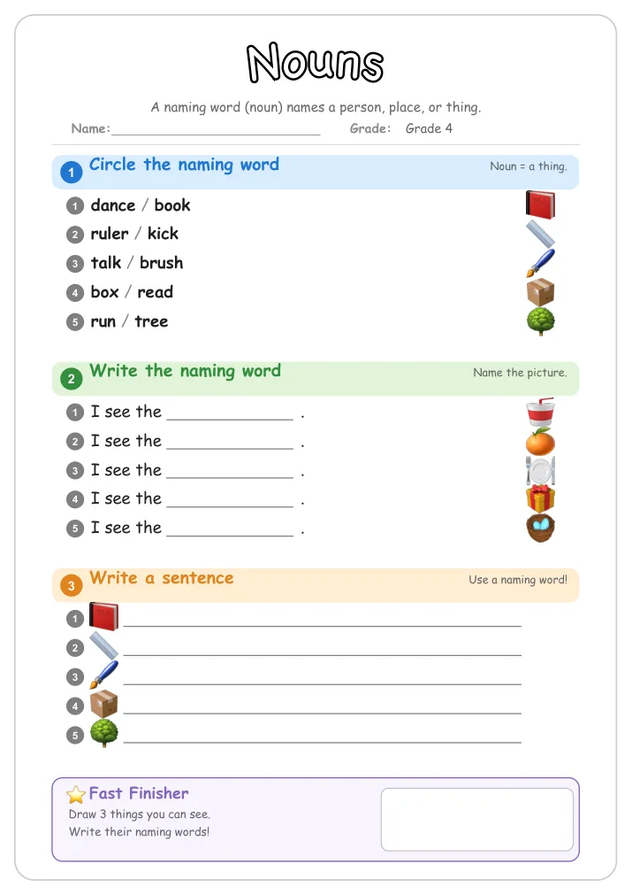 Nouns grammar worksheet for Grade 4