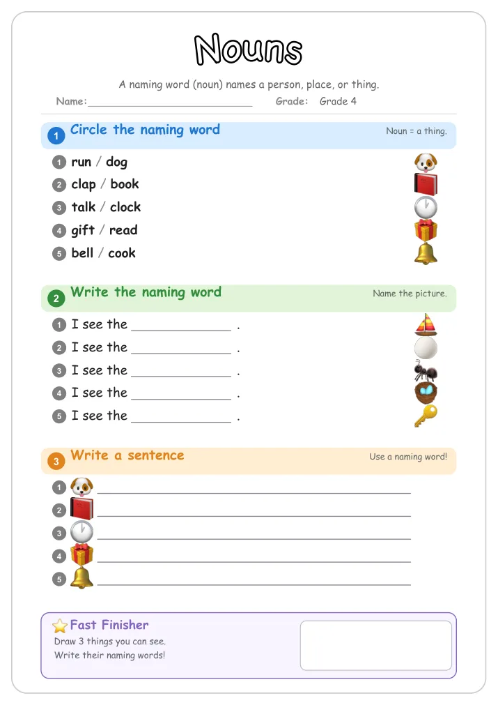 Nouns grammar worksheet for Grade 4