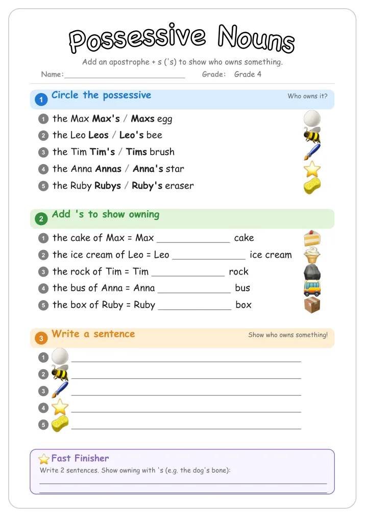 Possessive Nouns grammar worksheet for Grade 4
