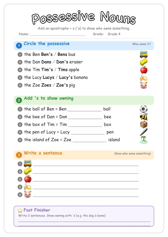 Possessive Nouns grammar worksheet for Grade 4