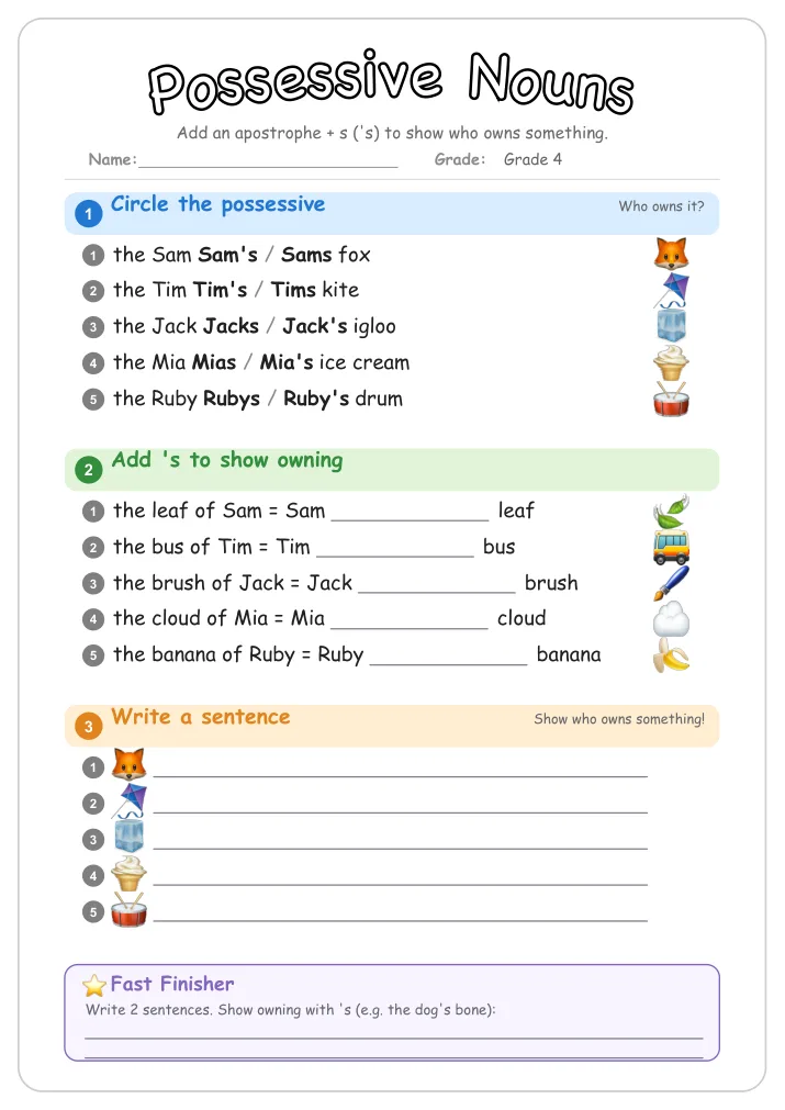Possessive Nouns grammar worksheet for Grade 4