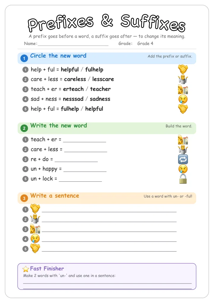 Prefixes & Suffixes grammar worksheet for Grade 4