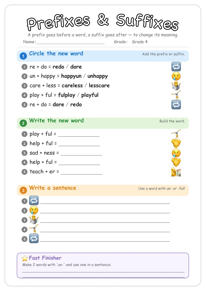 Prefixes & Suffixes grammar worksheet for Grade 4