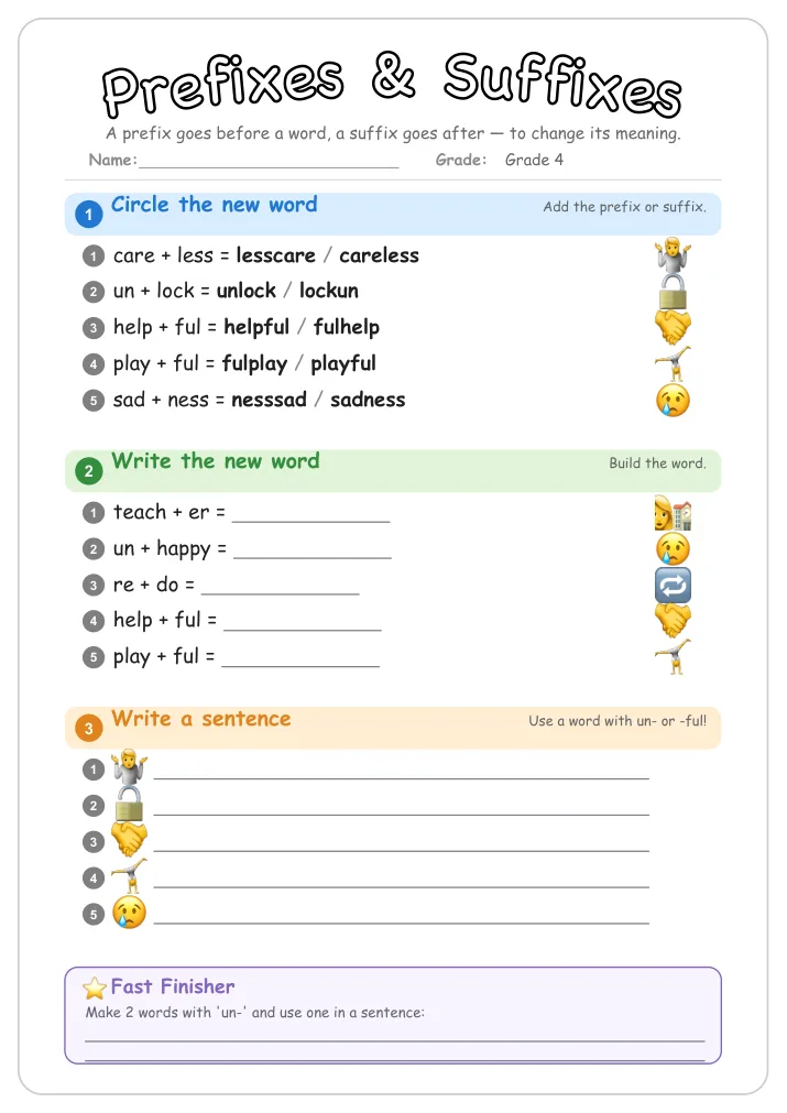 Prefixes & Suffixes grammar worksheet for Grade 4