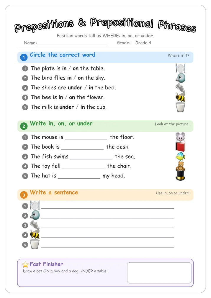Prepositions & Prepositional Phrases grammar worksheet for Grade 4