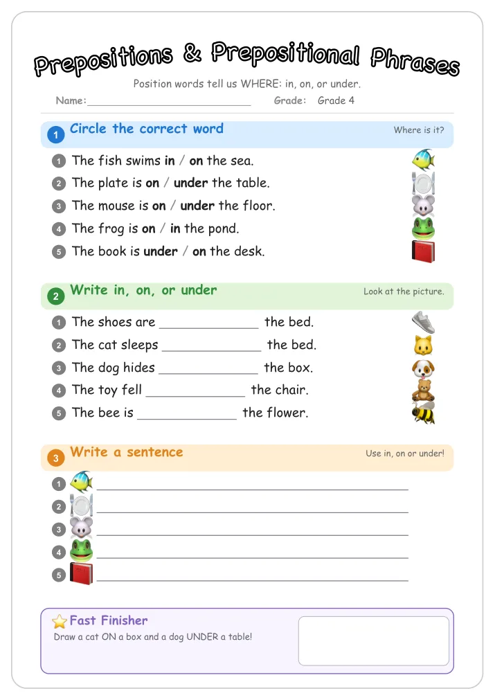 Prepositions & Prepositional Phrases grammar worksheet for Grade 4