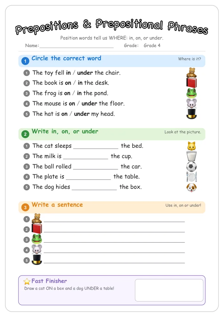 Prepositions & Prepositional Phrases grammar worksheet for Grade 4