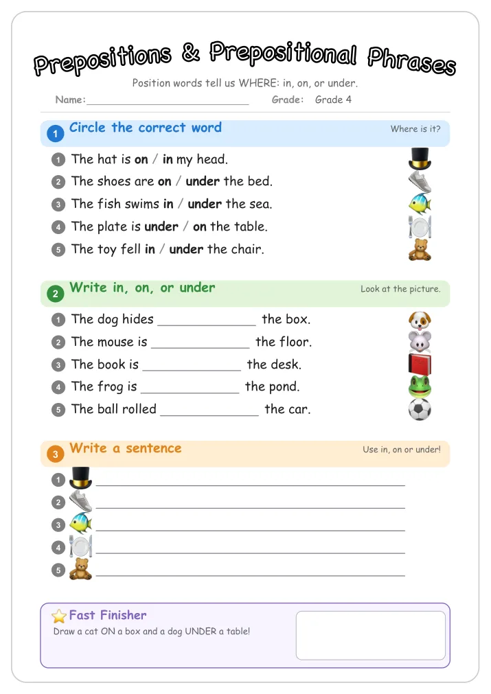 Prepositions & Prepositional Phrases grammar worksheet for Grade 4