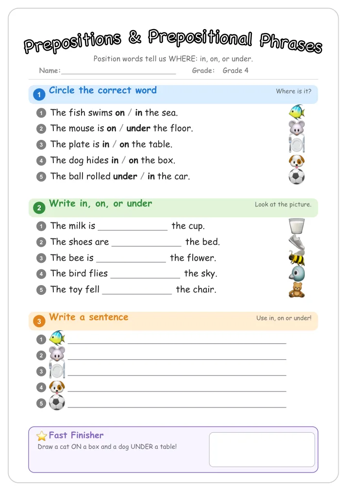 Prepositions & Prepositional Phrases grammar worksheet for Grade 4