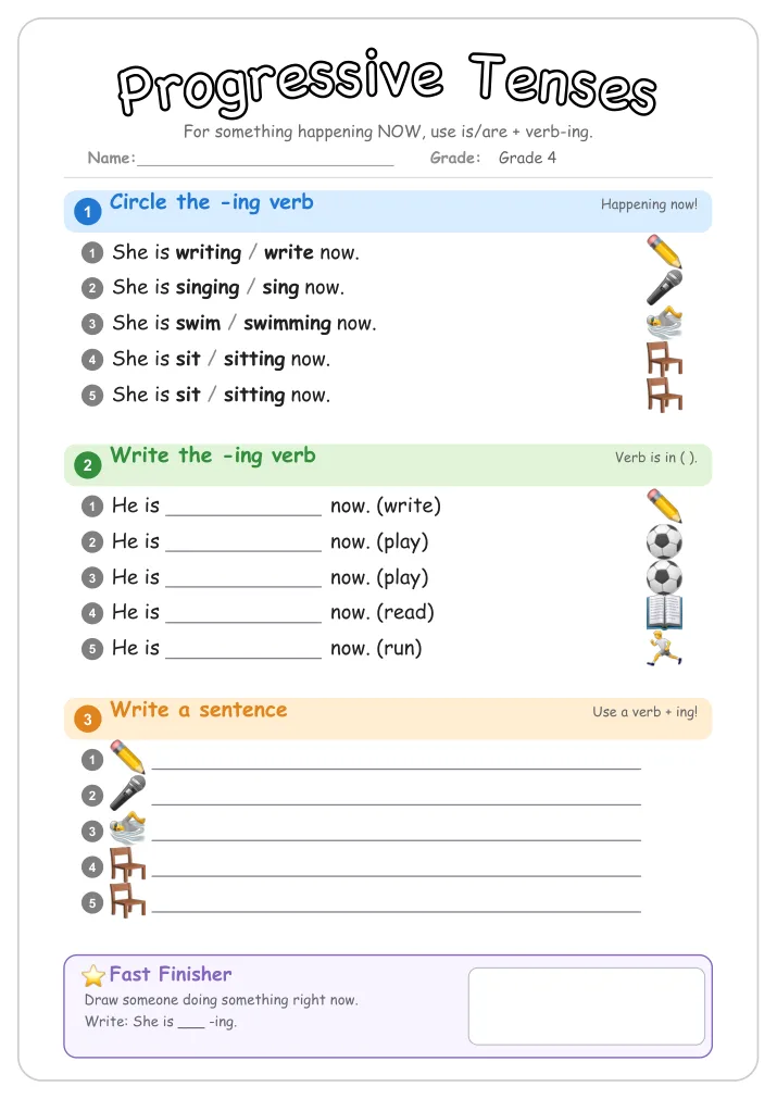 Progressive Tenses grammar worksheet for Grade 4