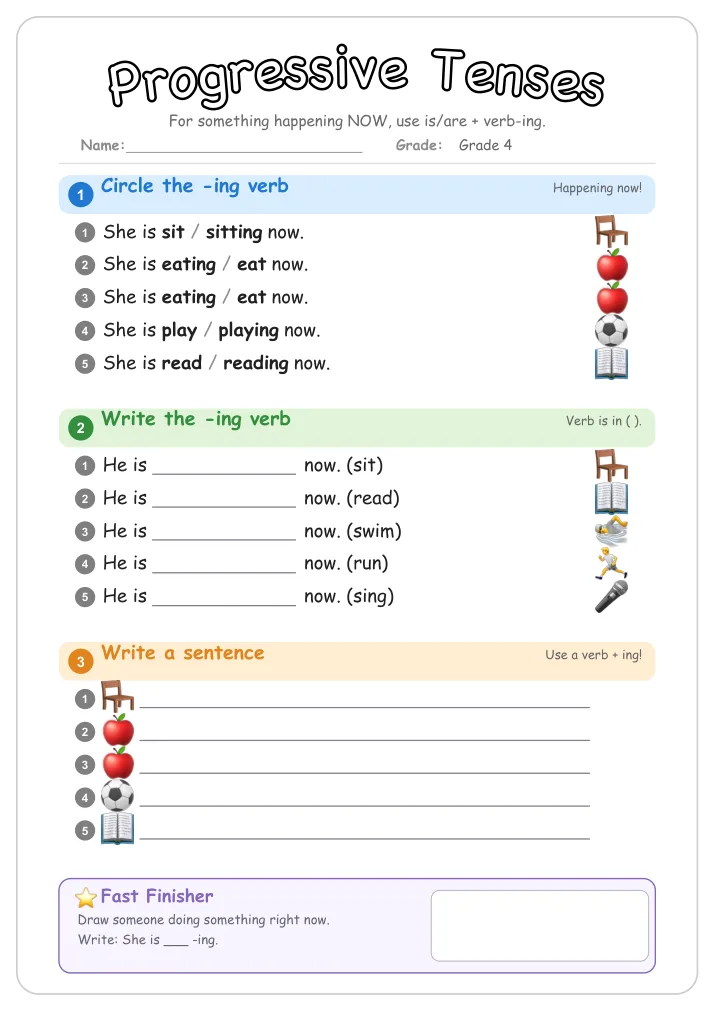 Progressive Tenses grammar worksheet for Grade 4