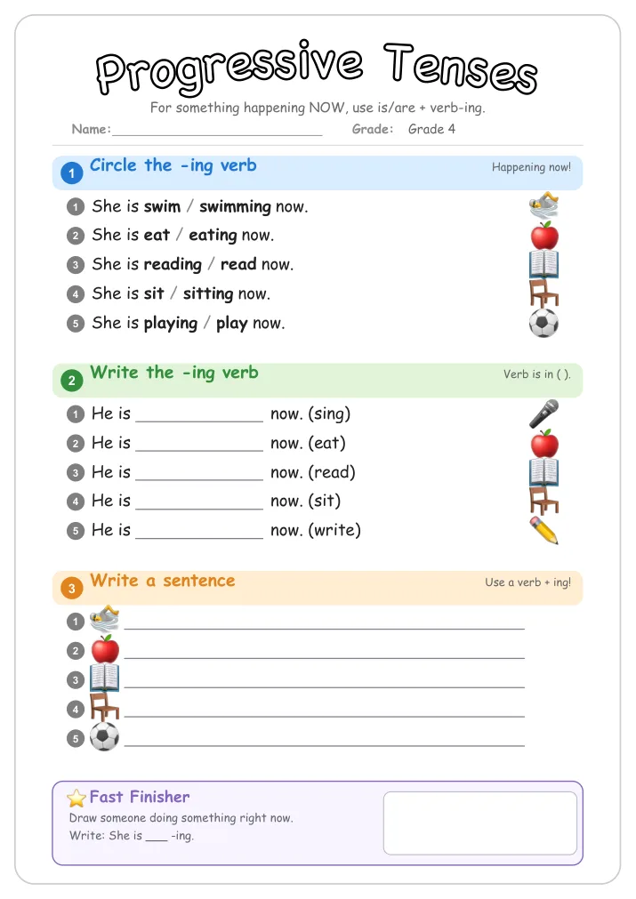 Progressive Tenses grammar worksheet for Grade 4