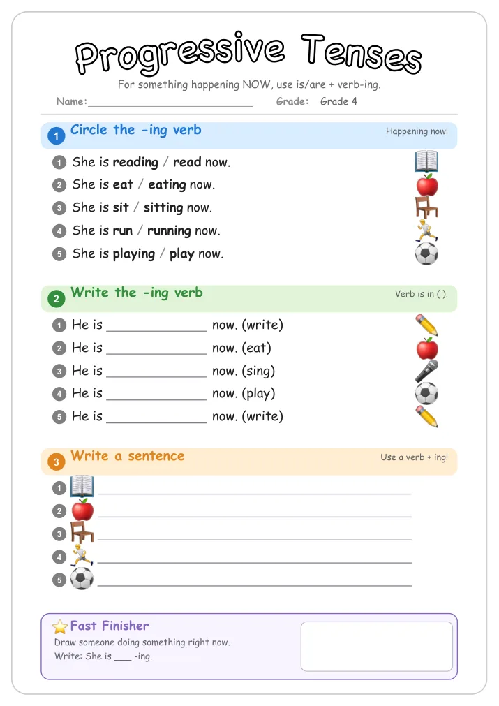 Progressive Tenses grammar worksheet for Grade 4