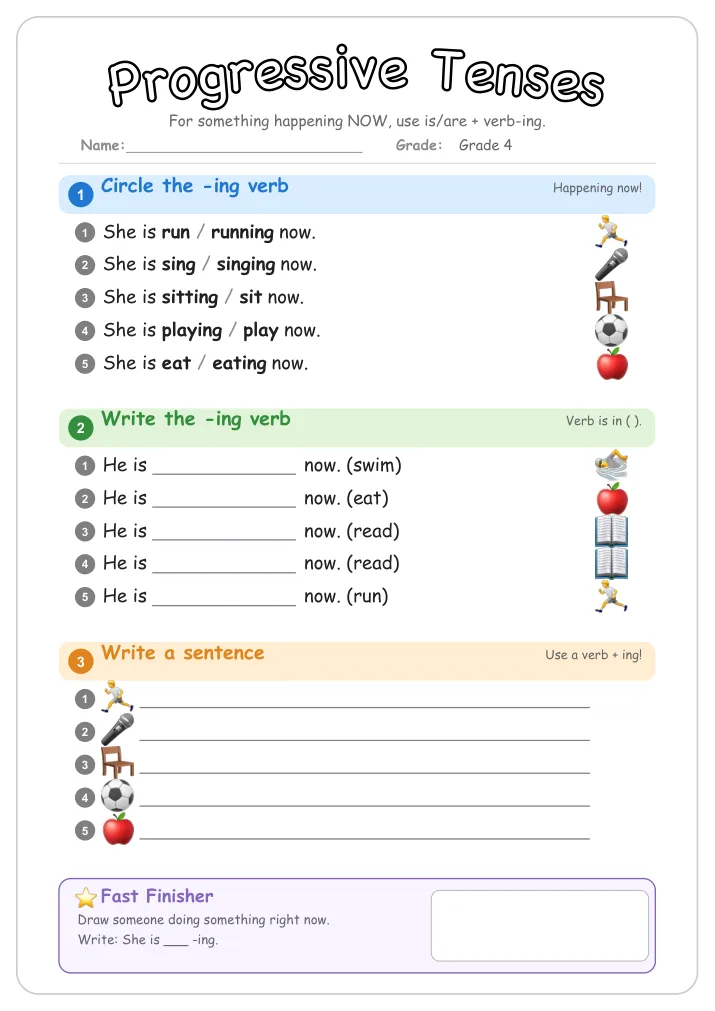 Progressive Tenses grammar worksheet for Grade 4