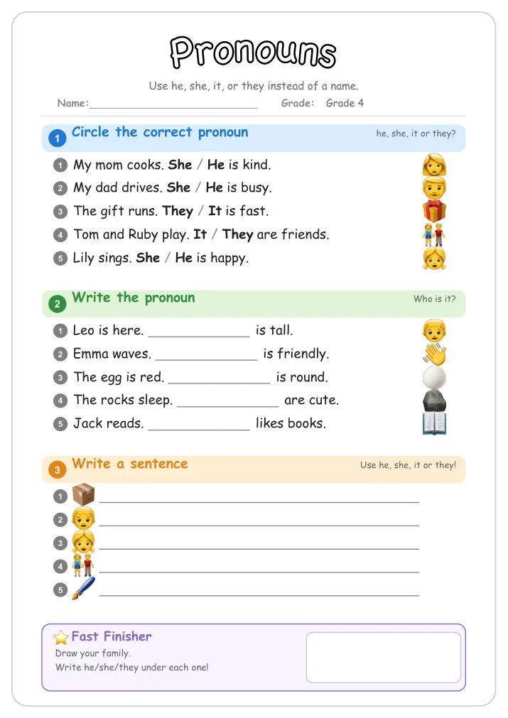 Pronouns grammar worksheet for Grade 4