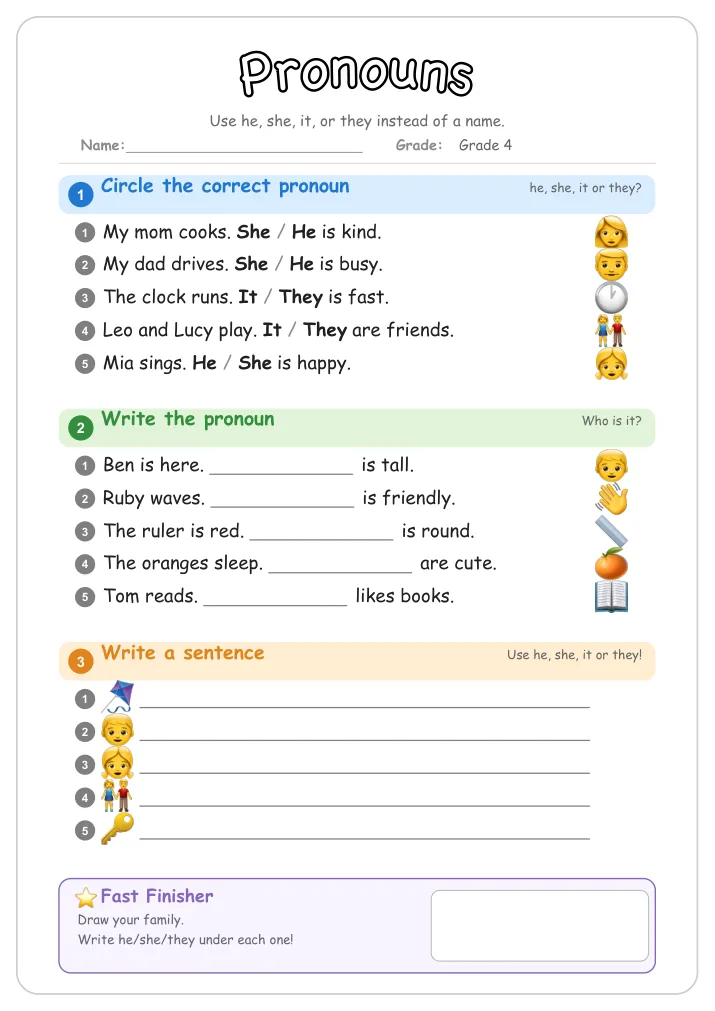 Pronouns grammar worksheet for Grade 4