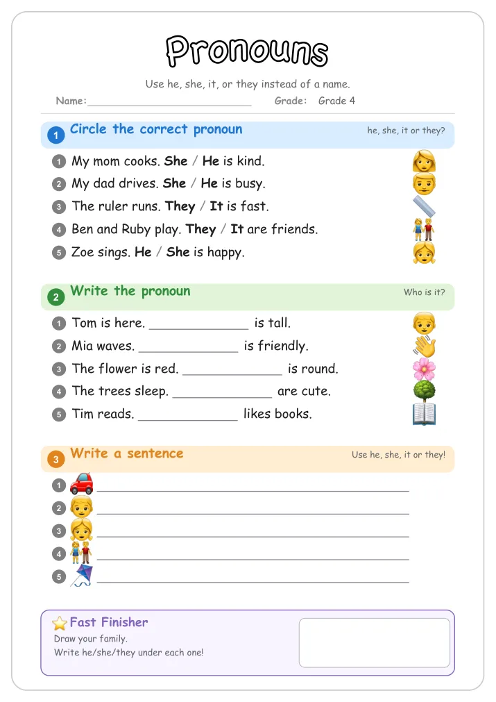 Pronouns grammar worksheet for Grade 4