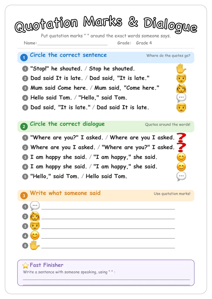 Quotation Marks & Dialogue grammar worksheet for Grade 4