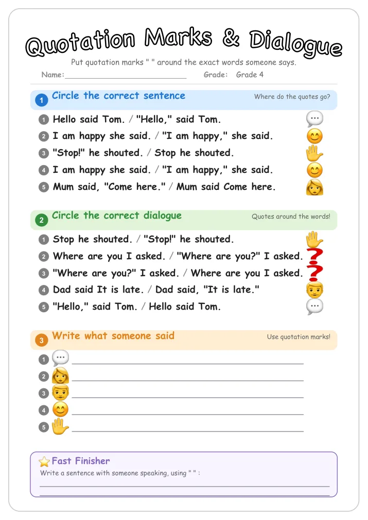 Quotation Marks & Dialogue grammar worksheet for Grade 4