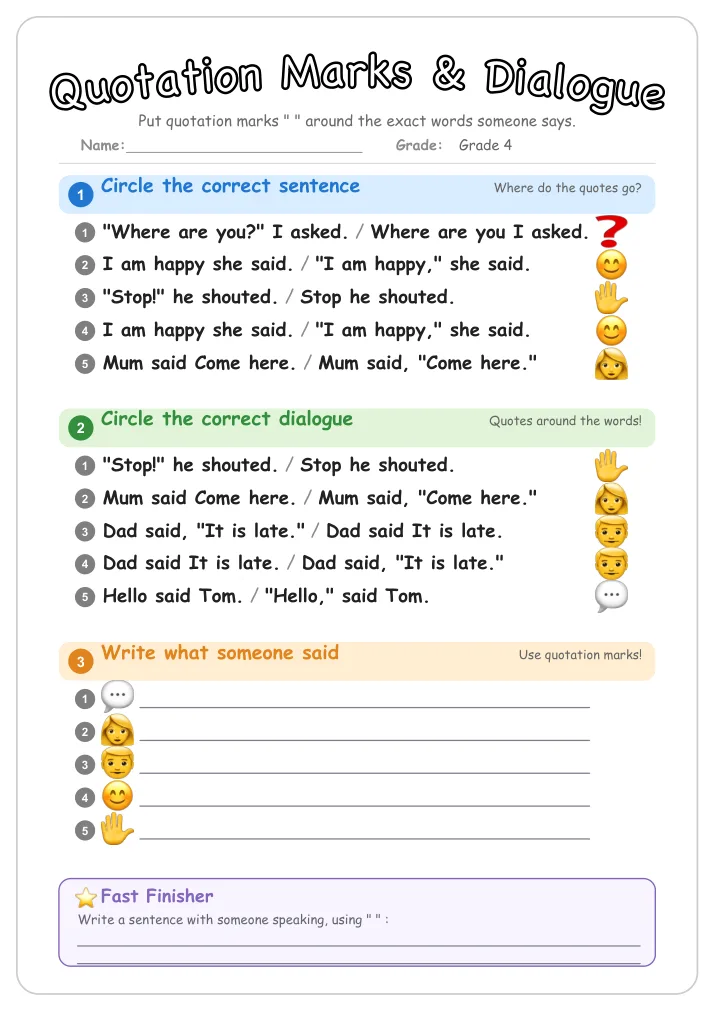 Quotation Marks & Dialogue grammar worksheet for Grade 4