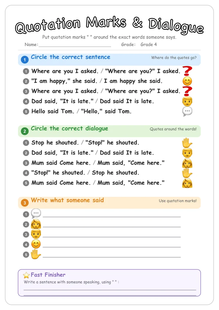 Quotation Marks & Dialogue grammar worksheet for Grade 4
