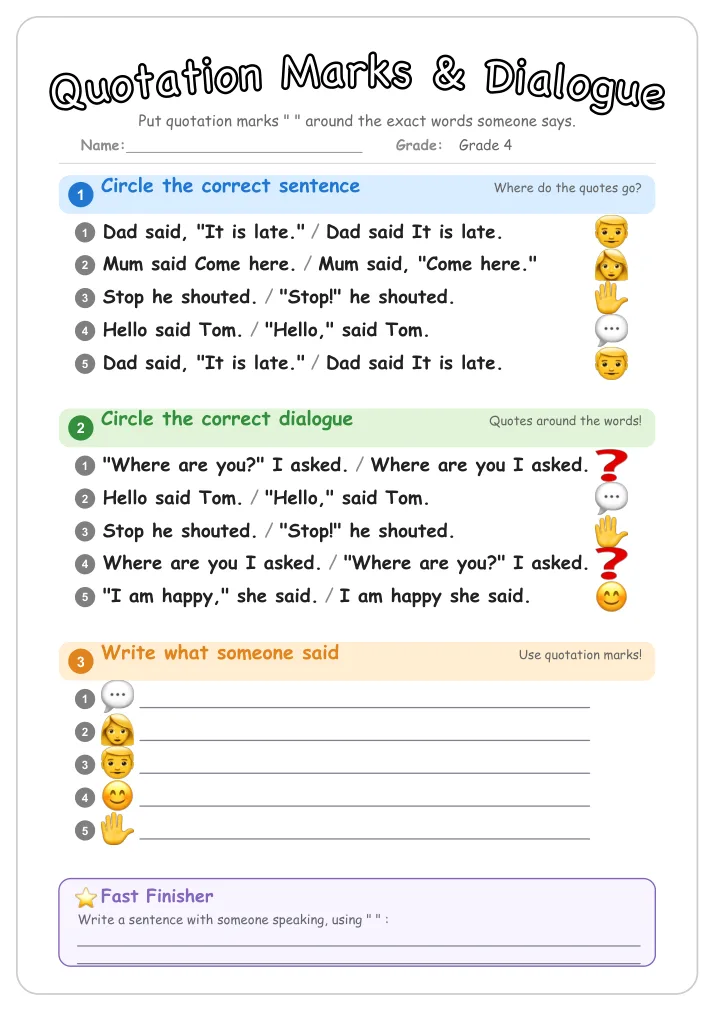 Quotation Marks & Dialogue grammar worksheet for Grade 4